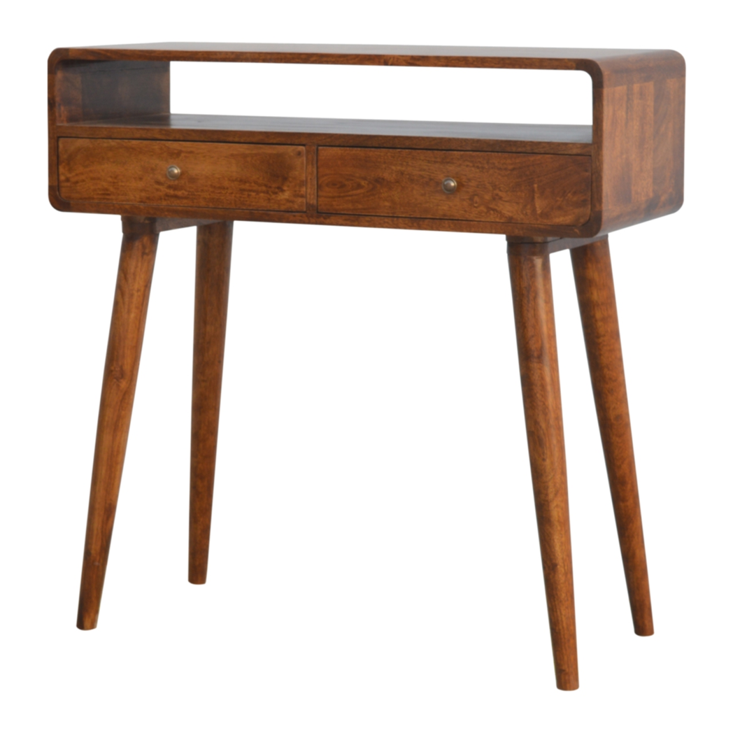 Artisan Curved Solid Wood Console Table with 2 Drawers – Hallway Furniture, Chestnut