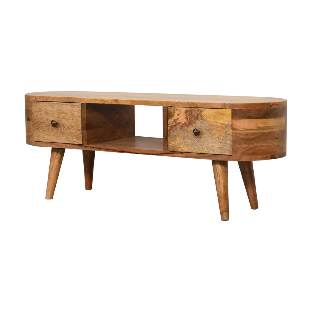 Artisan Furniture Mini Rounded Media Unit in Solid Mango Wood, 2 Drawers & Open Slot – Bedroom, Beige