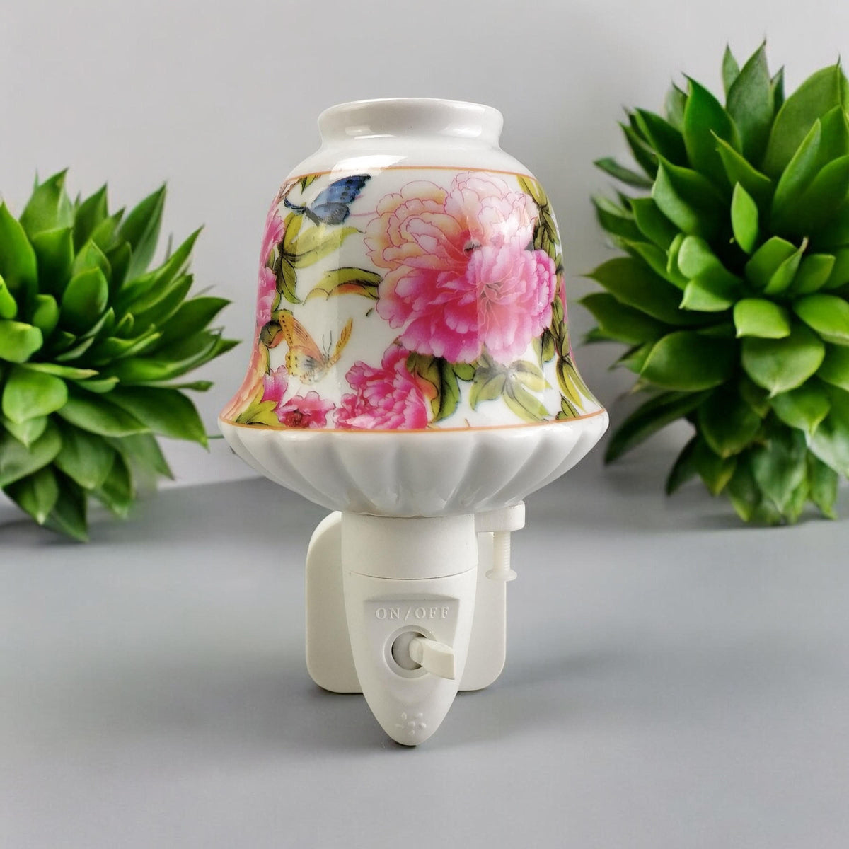 AcaciaHome Ceramic Plug-In LED Night Light with Colourful Floral Design – Bedroom and Hallway Light, Pink