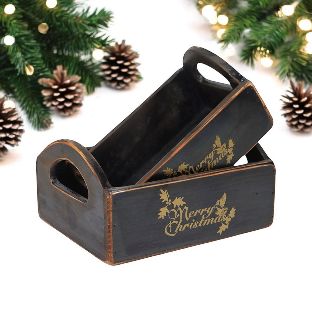 AcaciaHome Vintage 'Merry Xmas' Wooden Storage Crates, Set of 2 – Stackable with Handles, Black