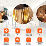 Ledsone 3 Pack E27 Dimmable LED Edison Filament Bulbs, 8W 2700K Warm White – Vintage Amber Glass ST64