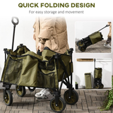 Folding Garden Cart with 4 Braked Wheels, Adjustable Handle & Top Cover – 125L Trolley for Camping & Gardening, Green