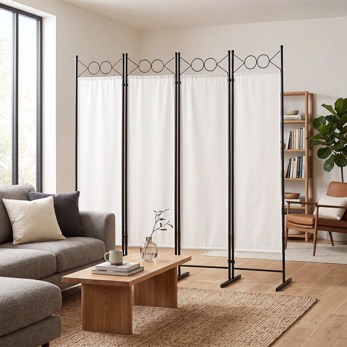 4-Panel Folding Room Divider Screen with Carbon Steel Frame and Polyester Fabric – Freestanding Privacy Screen, Off-White