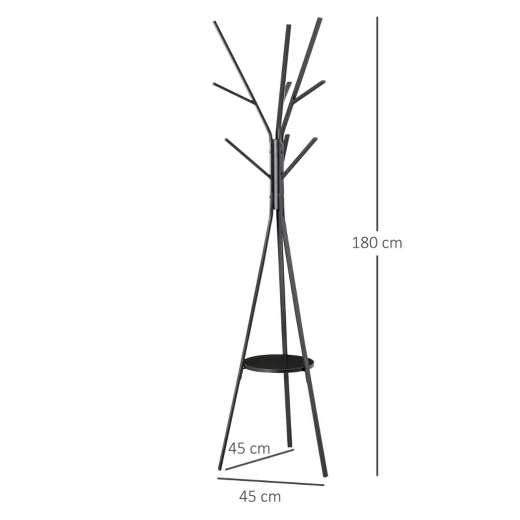 HOMCOM Tree Branch Coat Stand with 9 Hooks and Round Storage Shelf, 180cm, Black