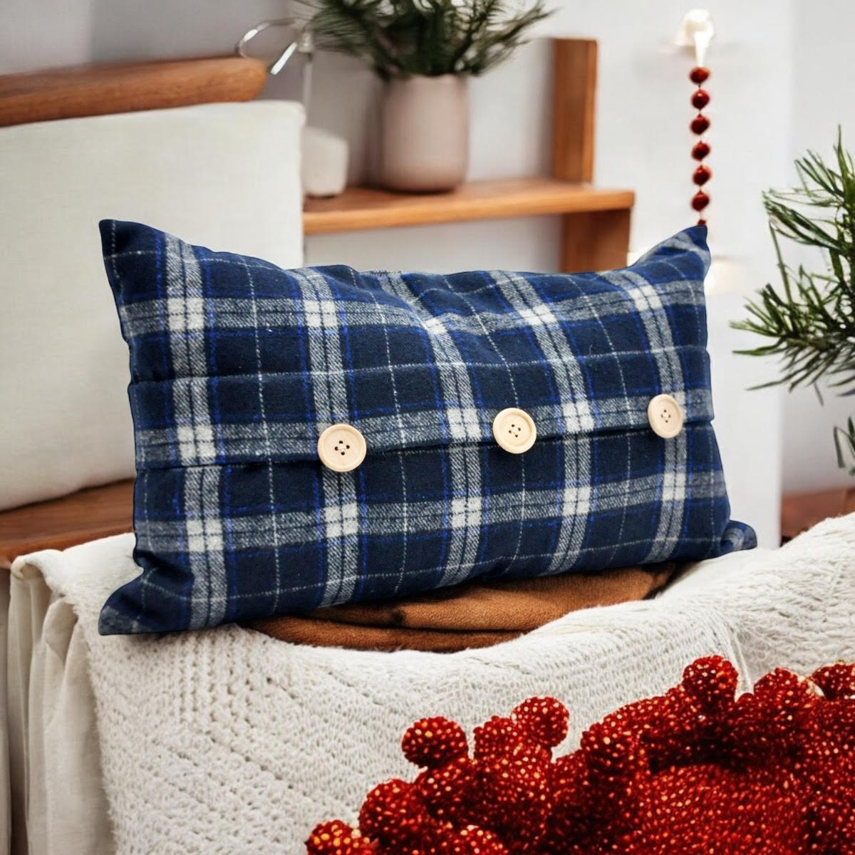 Blue Checked Velvet Tartan Cushion Cover, 30 x 50cm