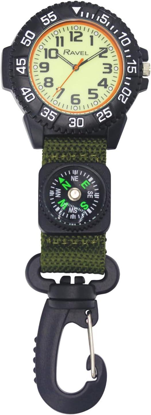Ravel Clip-On Carabiner Watch with Compass – Luminous Analogue Dial, Green Nylon
