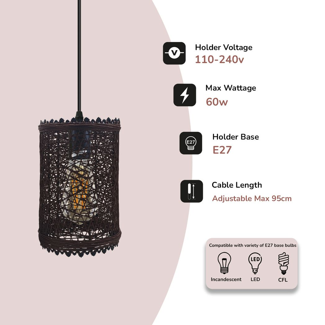 LEDSONE Handmade Wicker Rattan Pendant Light with E27 Holder & Adjustable 95cm Cord – Boho Lampshade
