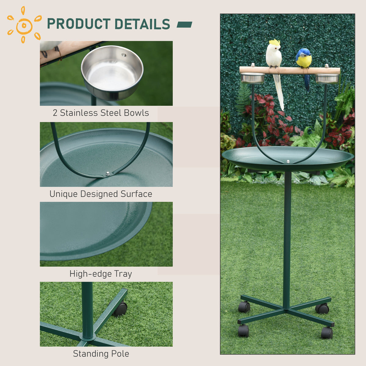 PawHut Bird Perch Stand with Wheels, Tray & 2 Stainless Steel Bowls – T-Stand for Small to Medium Birds, Green