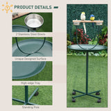 PawHut Bird Perch Stand with Wheels, Tray & 2 Stainless Steel Bowls – T-Stand for Small to Medium Birds, Green
