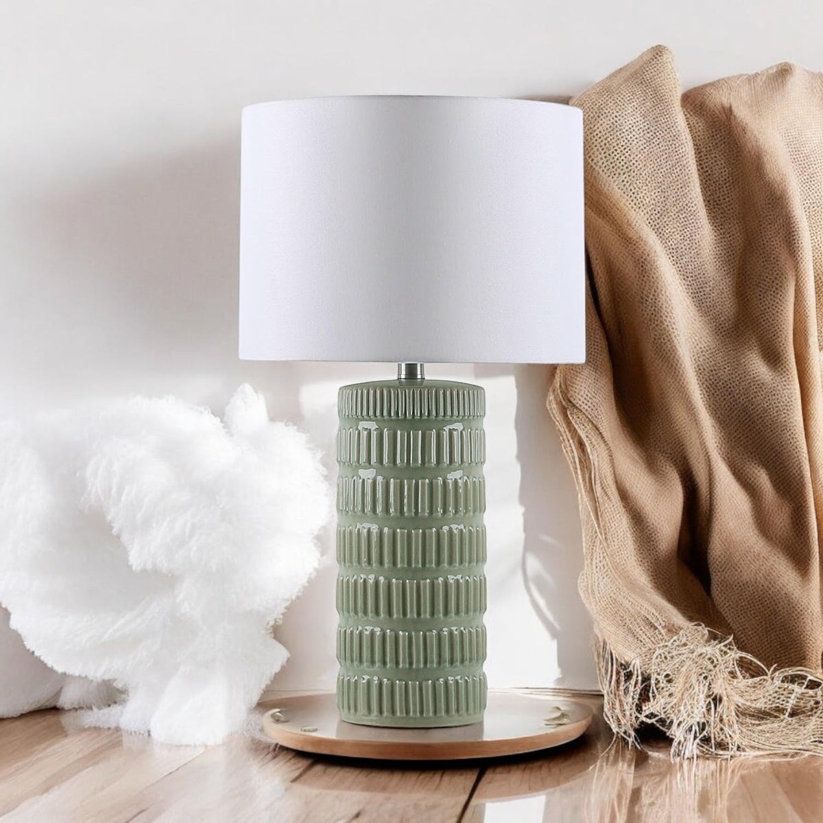 Cream Ceramic Striped Table Lamp with Handmade Drum Shade – Living Room & Bedroom Lighting