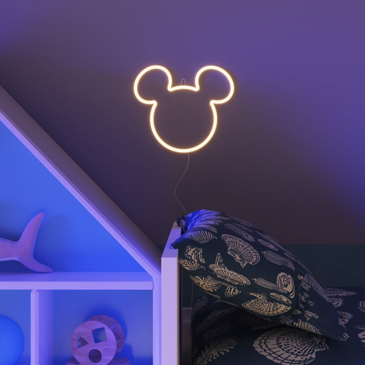 YELLOWPOP Disney Mickey Mouse Face LED Neon Sign – USB Powered Wall or Shelf Light, White Glow