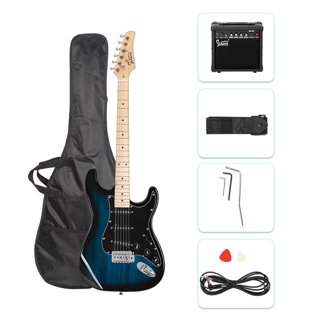 Glarry GST Electric Guitar Kit with 20W Amplifier, Bag & Strap – Beginner 6-String Guitar, Black Pickguard, Blue