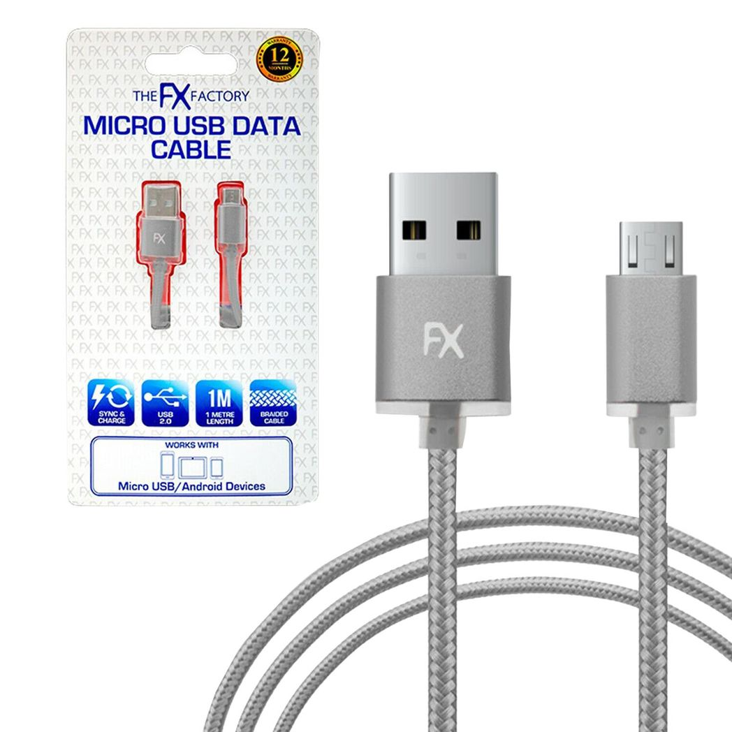 FX Powabud Braided Micro USB Data Cable, 1m – Fast Sync and Charge Lead, Space Grey