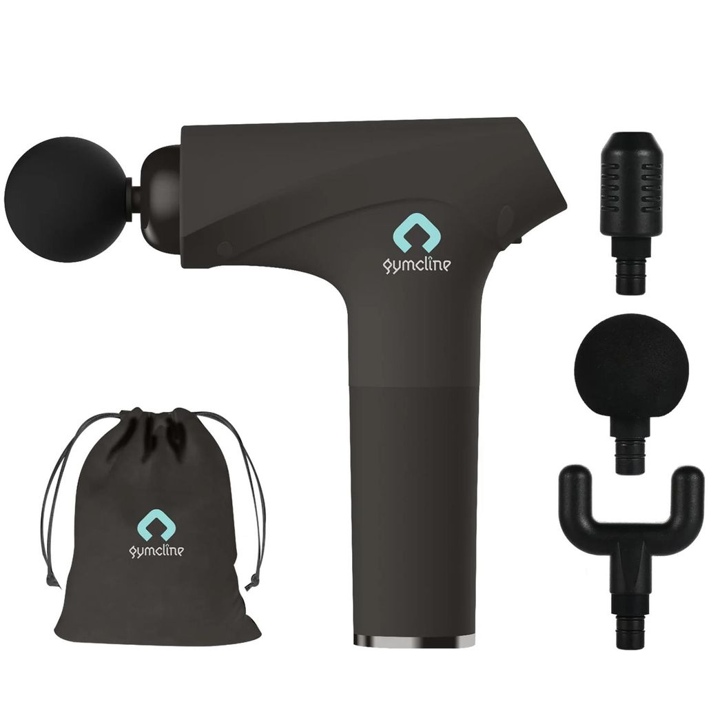 Gymcline Compact Massage Gun with 1500mAh Battery, 3 Speed Modes and 3 Massage Heads – Muscle Recovery, Grey