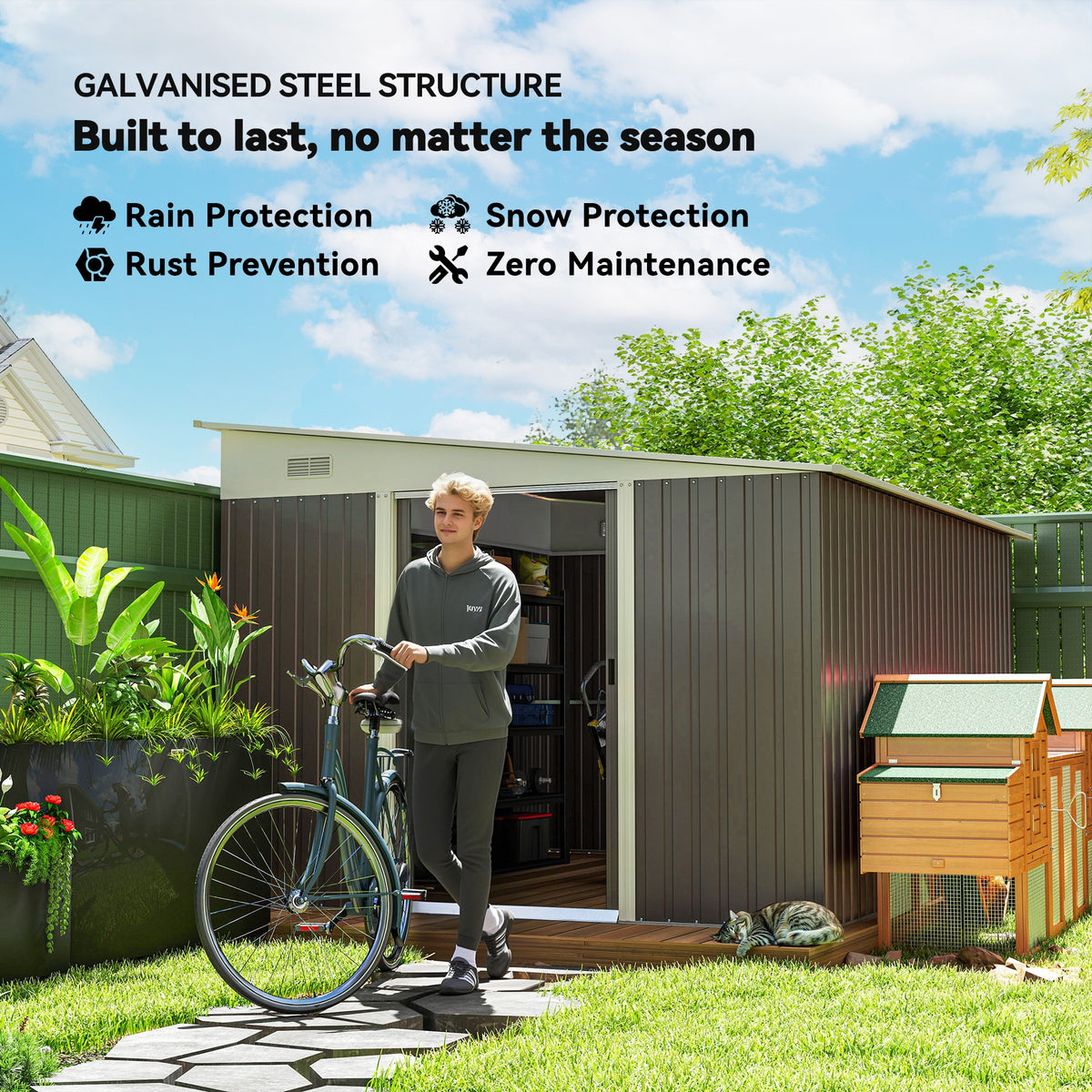 Outsunny 11.3 x 9.2ft Galvanised Steel Garden Shed with Double Doors & Vents – Heavy-Duty Storage, Grey