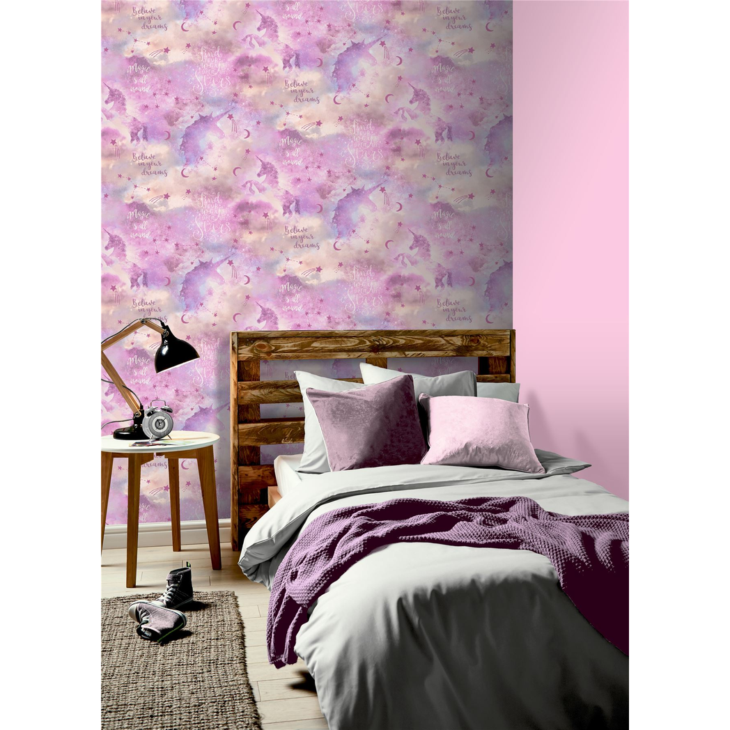 Arthouse Galaxy Unicorn Vinyl Wallpaper with Soft Glitter – Paste the Paper Kids Room Covering, Blush Multi