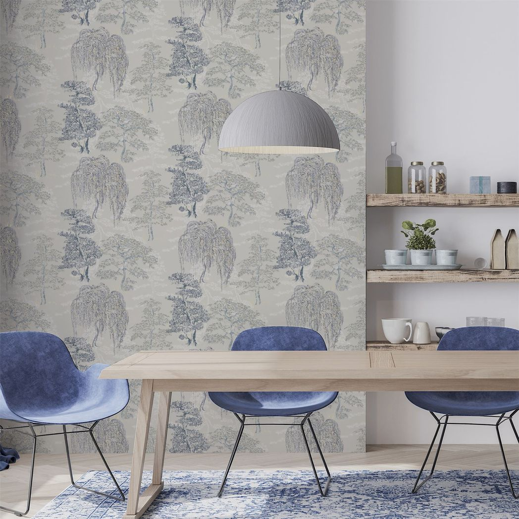 Arthouse Oriental Garden Tree Print Wallpaper – Soft Blue Feature Wall Design, Paste the Paper