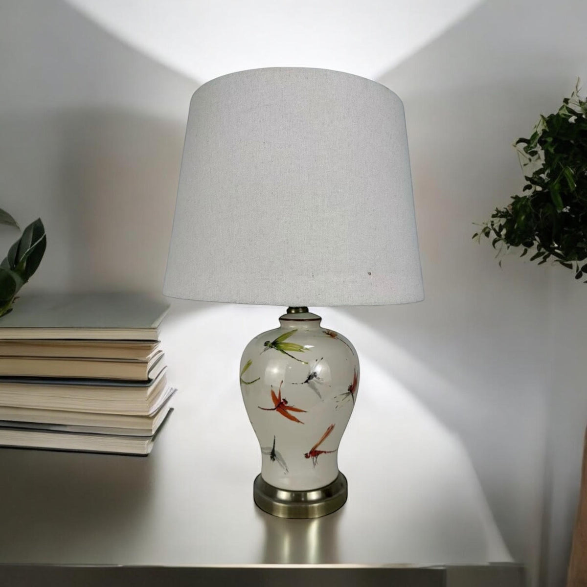 AcaciaHome Oriental Floral Ceramic Table Lamp with Drum Shade – Large 65cm Hallway Lamp, Butterfly Design