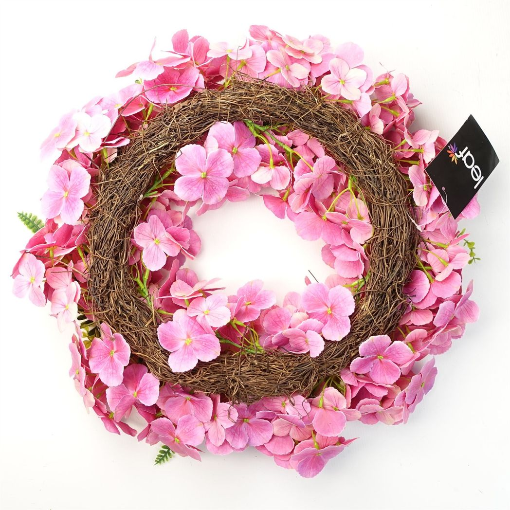 Leaf Design Large Artificial Pink Blossom Wreath, 40cm – Luxury Floral Door Decoration