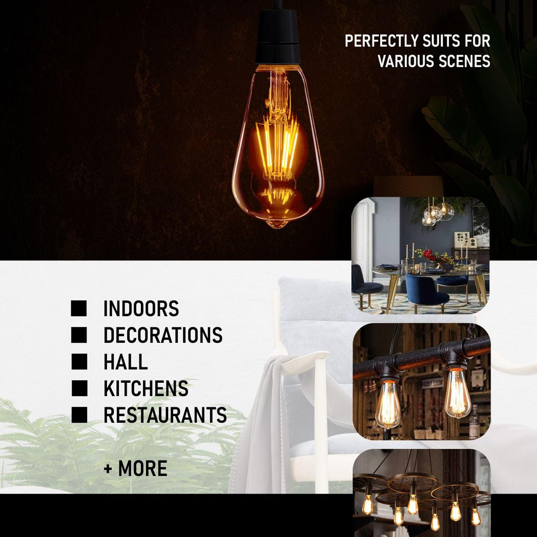 Ledsone 3 Pack E27 Dimmable LED Edison Filament Bulbs, 8W 2700K Warm White – Vintage Amber Glass ST64