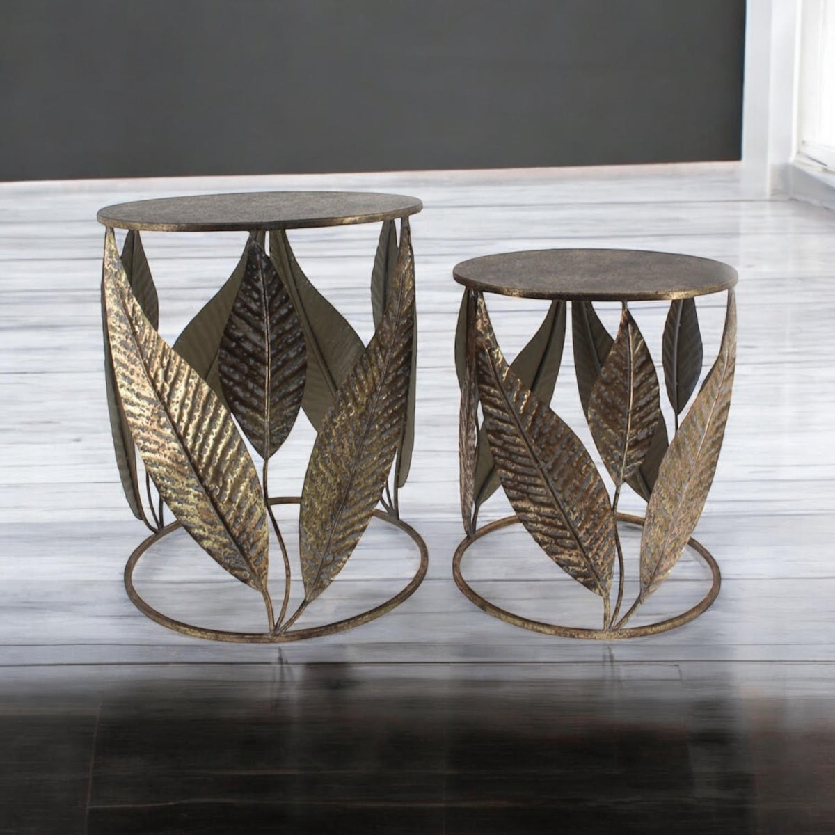AcaciaHome Art Deco Gold Leaf Nest of Tables – Elegant Round Metal Side Tables, Hand-Finished Floral Design