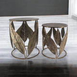 AcaciaHome Art Deco Gold Leaf Nest of Tables – Elegant Round Metal Side Tables, Hand-Finished Floral Design