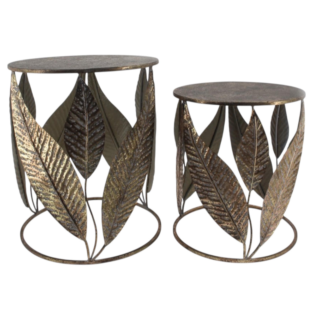 AcaciaHome Art Deco Gold Leaf Nest of Tables – Elegant Round Metal Side Tables, Hand-Finished Floral Design