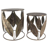 AcaciaHome Art Deco Gold Leaf Nest of Tables – Elegant Round Metal Side Tables, Hand-Finished Floral Design