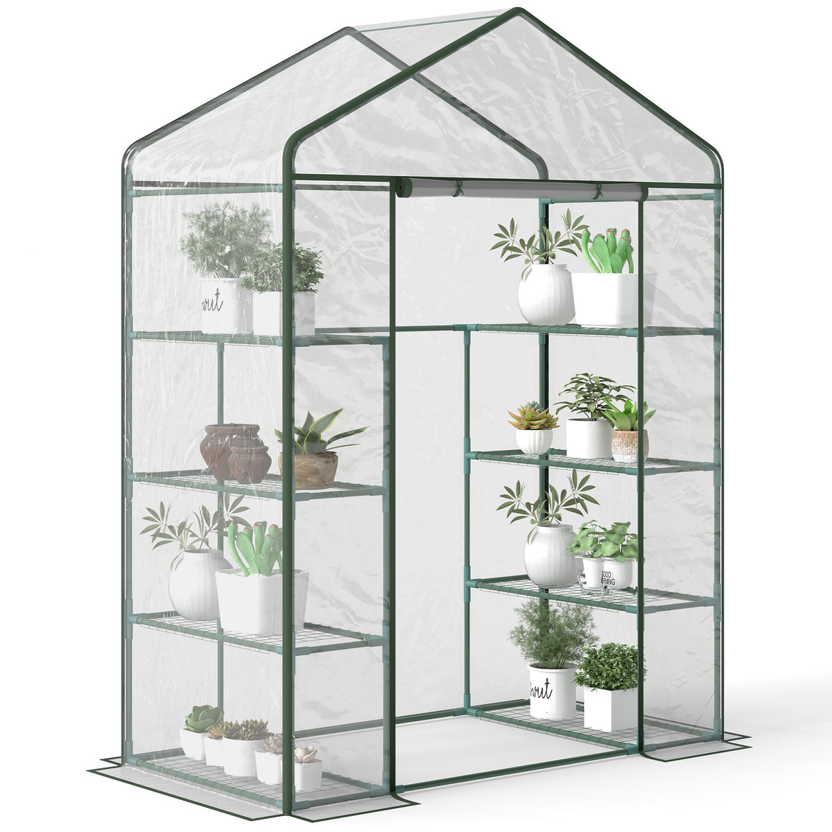 Outsunny 4 Tier Walk-In Portable Greenhouse with 8 Shelves, 143 x 73 x 195 cm – Steel Frame, Clear PVC Cover