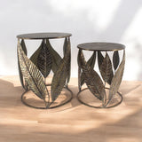 AcaciaHome Art Deco Gold Leaf Nest of Tables – Elegant Round Metal Side Tables, Hand-Finished Floral Design