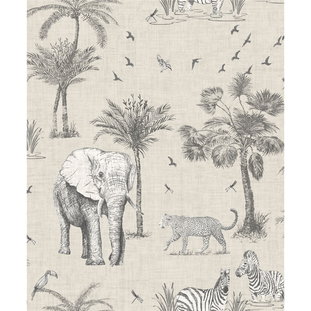 Arthouse Safari Lagoon Wallpaper with Hand-Drawn Safari Animals & Palm Trees – Linen-Look Feature Wall, Grey