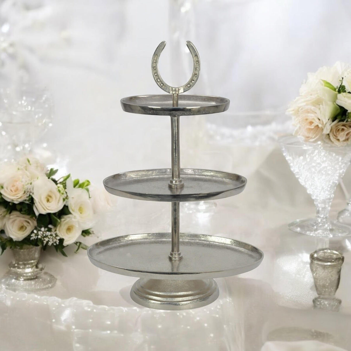 AcaciaHome Horseshoe 3-Tier Cake Stand with Glass Tiers & Nickel-Plated Frame – Art Deco Dessert Display