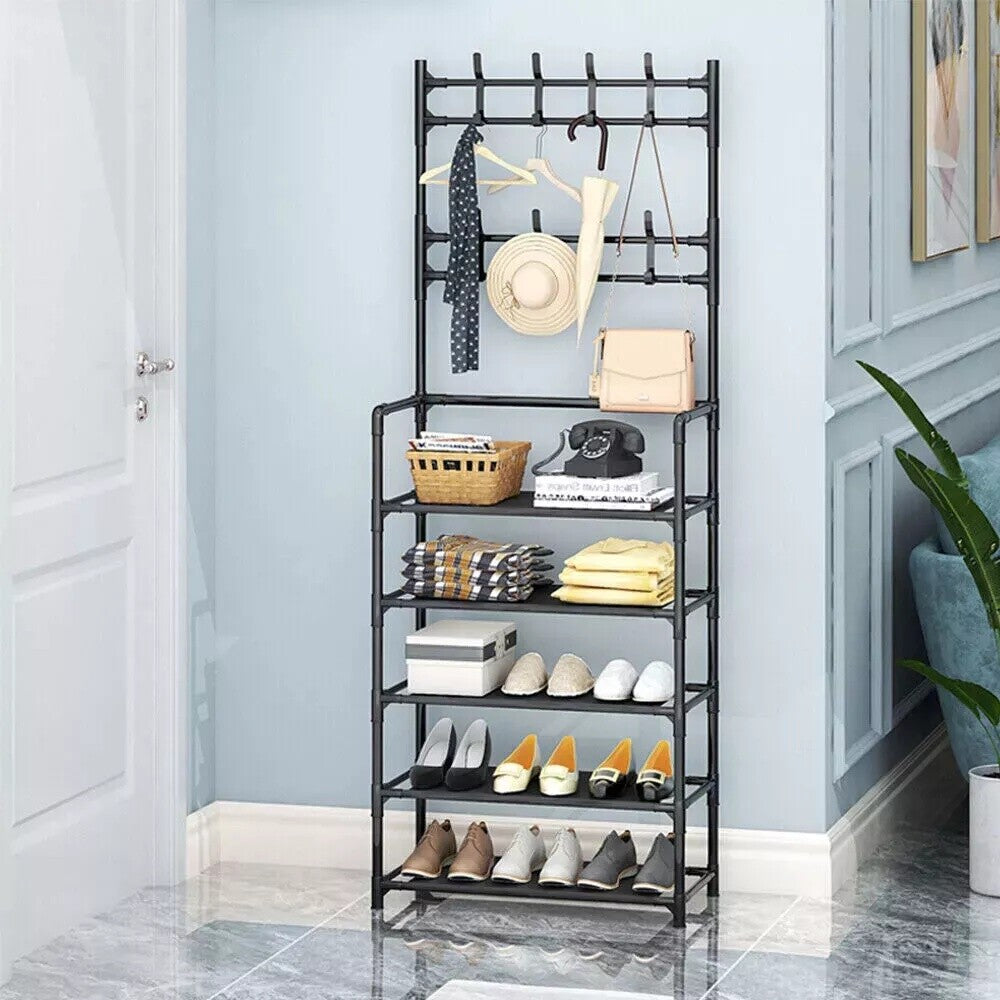 Metal Coat and Hat Stand with 8 Hooks & 5-Tier Shoe Rack, 60 x 26 x 170cm, Black