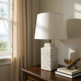Cream Ceramic Striped Table Lamp with Handmade Drum Shade – Living Room & Bedroom Lighting