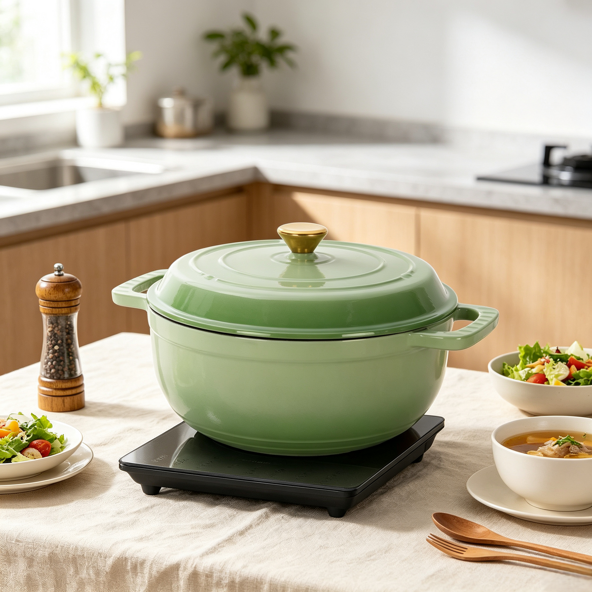 Enamelled Cast Iron Dutch Oven, 6QT (5.7L) with Lid & Two Silicone Gloves – Casserole Pot, Gradient Red