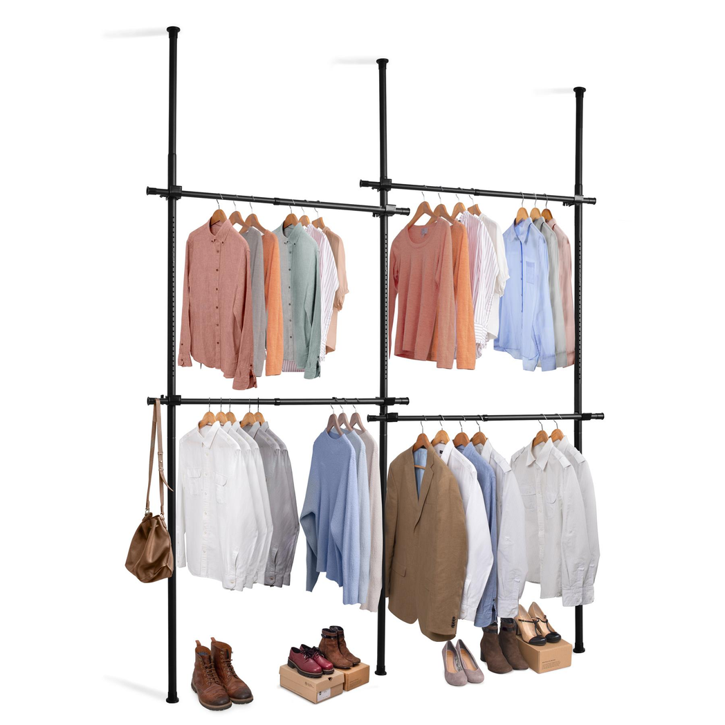 Double Telescopic Clothes Rail & Wardrobe Organiser with Shelving – Bedroom Storage, Black