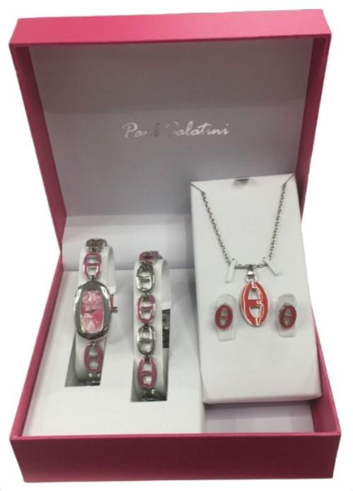 Paul Salatini Ladies Bling Watch & Jewellery Gift Set – Pink Dial Silver Bracelet Watch, Bracelet, Necklace & Earrings