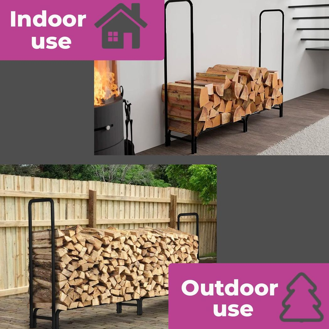 Neo 240cm Outdoor Metal Log Holder Storage Rack with Waterproof Cover – Firewood Store, Black