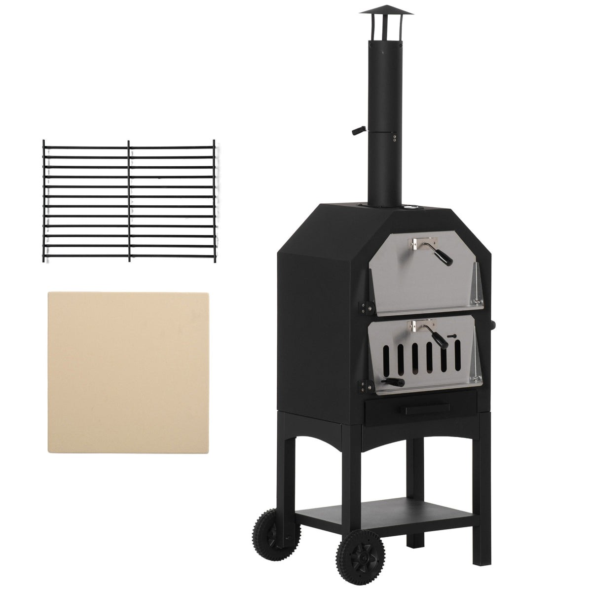 Outsunny Stainless Steel Charcoal Pizza Oven with Thermometer, Chimney & Wheels – Outdoor Garden Oven