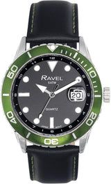 Ravel Men's 42mm Sports Watch – 5ATM, Date Dial, Rotating Bezel, Black Leather Strap