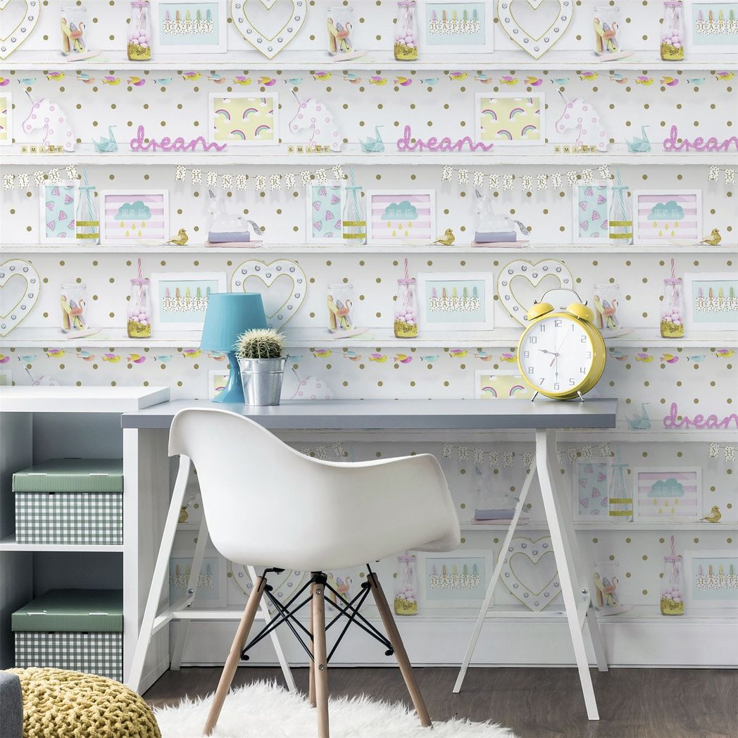 Arthouse Girl's Life Wallpaper with Hearts, Rainbows & Flamingos – Glitter Gel Bedroom Feature Wall, Multi