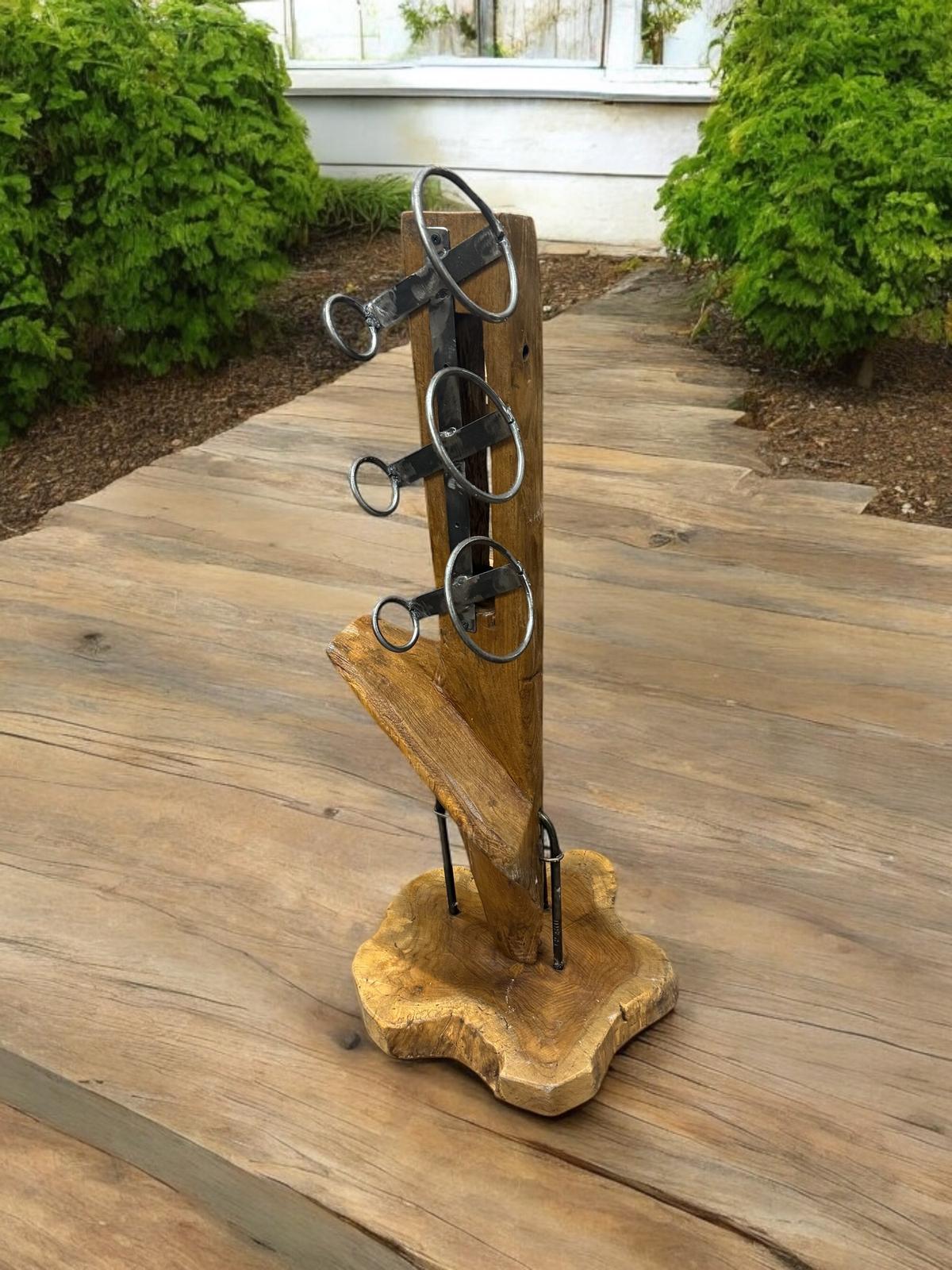 Solid Wood Wine Bottle Holder with Abstract Design – Free-Standing Dark Brown Wine Rack for Home and Bar