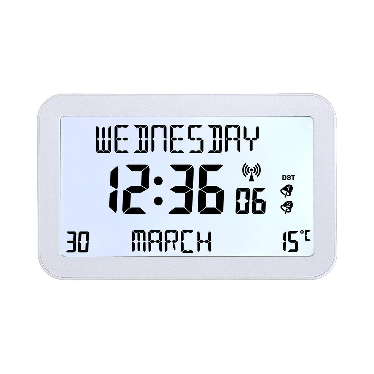 Avilo Backlit Full Disclosure Radio Controlled Clock with Easy-Read 2.5cm Digits – 6 Languages, White