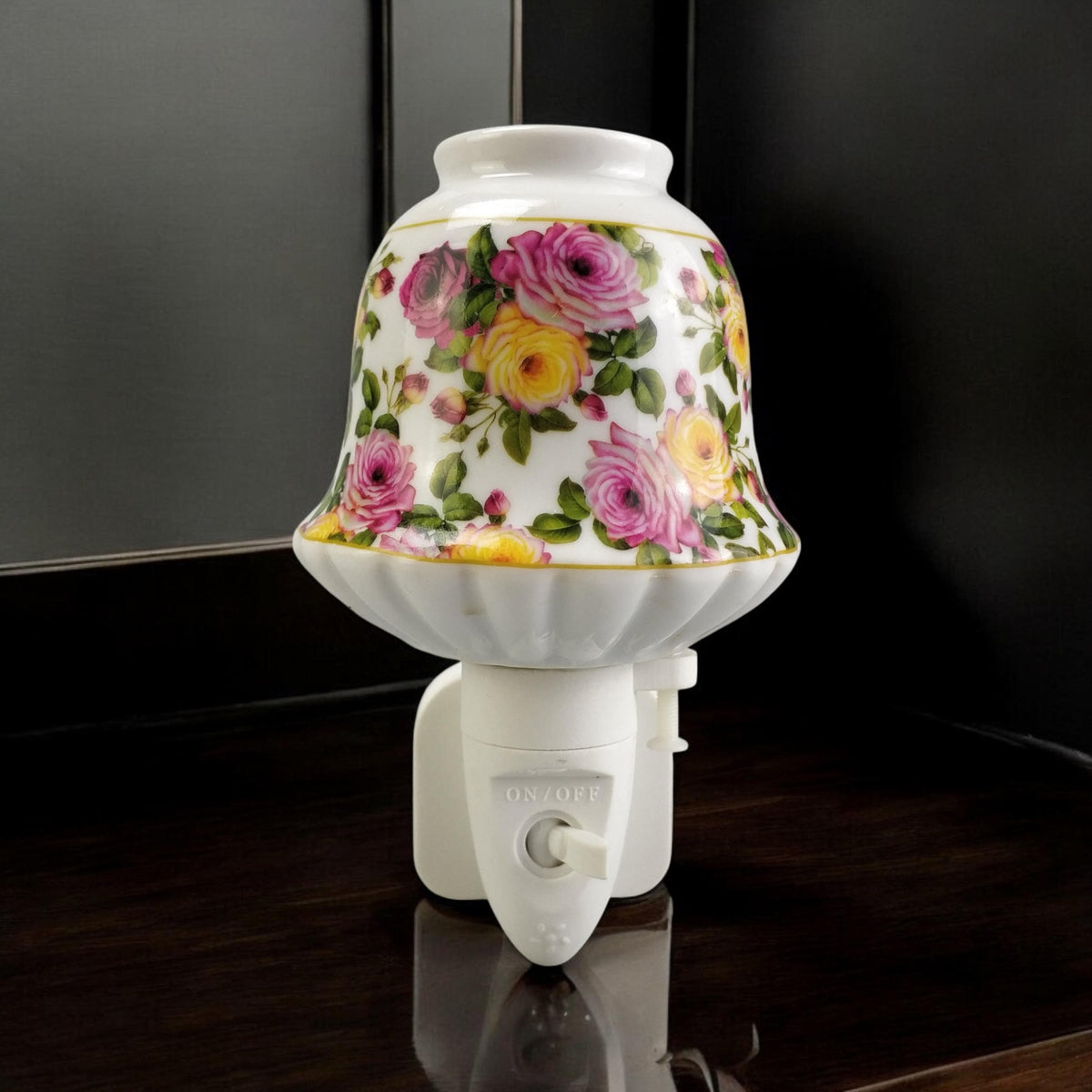 Ceramic Plug-In LED Night Light with Colourful Floral Design – Decorative Bedroom and Hallway Light, Pink Flowers
