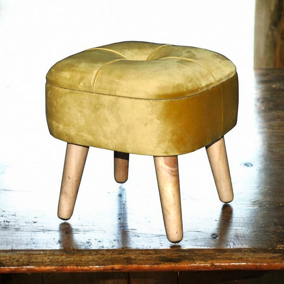 AcaciaHome Round Velvet Ottoman Footstool with Lift-Up Storage – Medium-Firm Foam Seat, Yellow