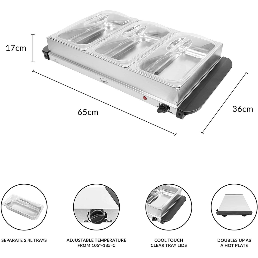 Quest Large 3-Section Buffet Server with Warming Plate – Pack of 2 Food Warmers for Parties and BBQs