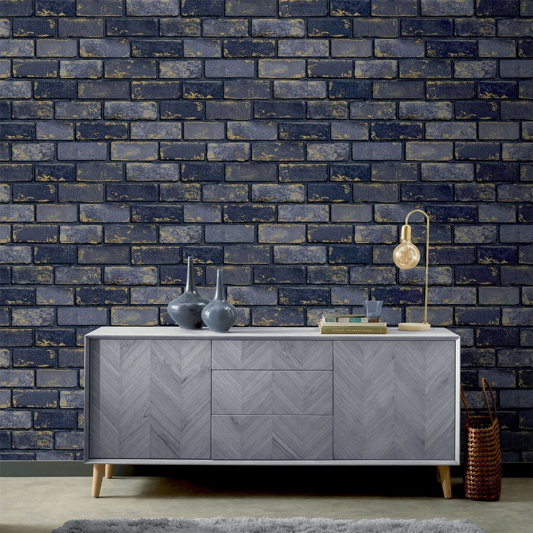 Arthouse Metallic Brick Wallpaper with Gold Highlights – Paste the Paper Feature Wall Covering, Navy and Gold
