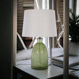 AcaciaHome Cream Ceramic Table Lamp with Drum Shade – Durable Striped Design, Handmade Shade
