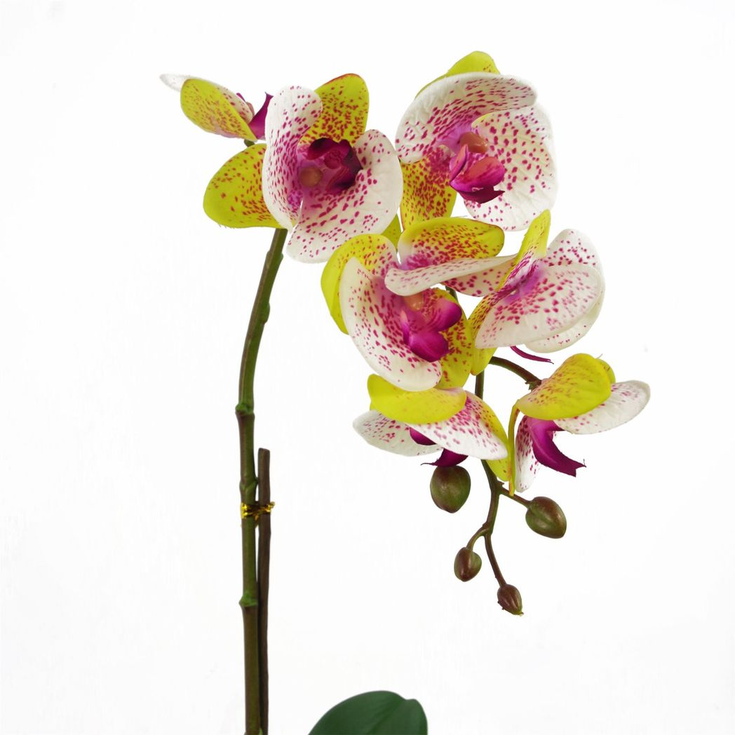 Leaf Artificial Orchid with Real Touch Flowers & Silver Pot – 46cm Realistic Faux Plant, Harlequin Pink
