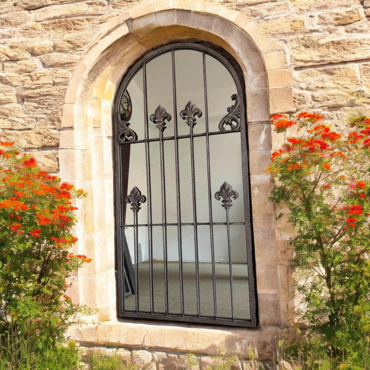 AcaciaHome Framed Arched Wall Mirror, 120cm with Rust-Finish Iron Frame & Floral Design – Indoor or Outdoor